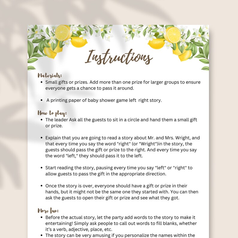 Left Right Baby Shower Games, Lemon Baby Shower, Pass the Prize, Summer Baby Shower Game ...