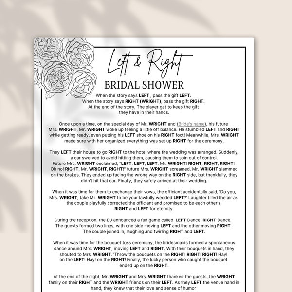 Bridal Shower Prize Game Printable, Pass the Prizes Game PDF, Left Right Game, Pass the Present, Gift Games, Wildflower Bridal Shower Games