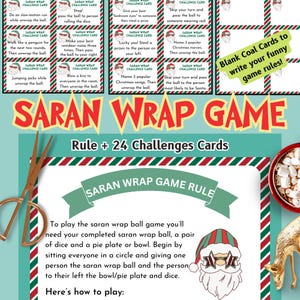 Saran Wrap Game, Christmas Games Groups Adults, Saran Wrap Ball Game Prize, Plastic Wrap Challenge Cards Printable, Fun Holiday Games Family