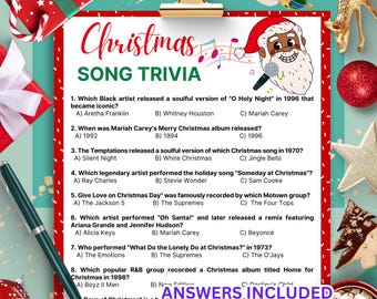 May include: A Christmas Song Trivia game with multiple-choice questions. The game features a festive design with a Santa Claus graphic and the text "Christmas Song Trivia." Includes answers. Perfect for holiday gatherings.