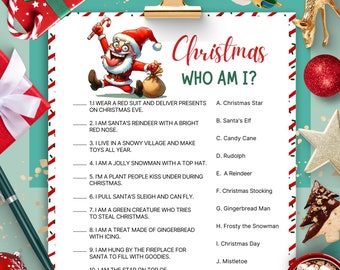 Pode incluir: Uma folha de jogo com tema natalino intitulada "Christmas Who Am I?" com uma ilustração de desenho animado do Papai Noel. A folha inclui pistas e respostas de múltipla escolha relacionadas a personagens e tradições natalinas. Um clipe dourado segura a folha.