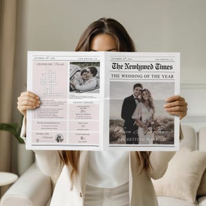Può includere: Un annuncio di matrimonio in stile giornale intitolato "The Newlywed Times" con il titolo "The Wedding of the Year". Presenta una foto di una coppia, Olivia e Jonathan. Include un cruciverba e informazioni sugli invitati.