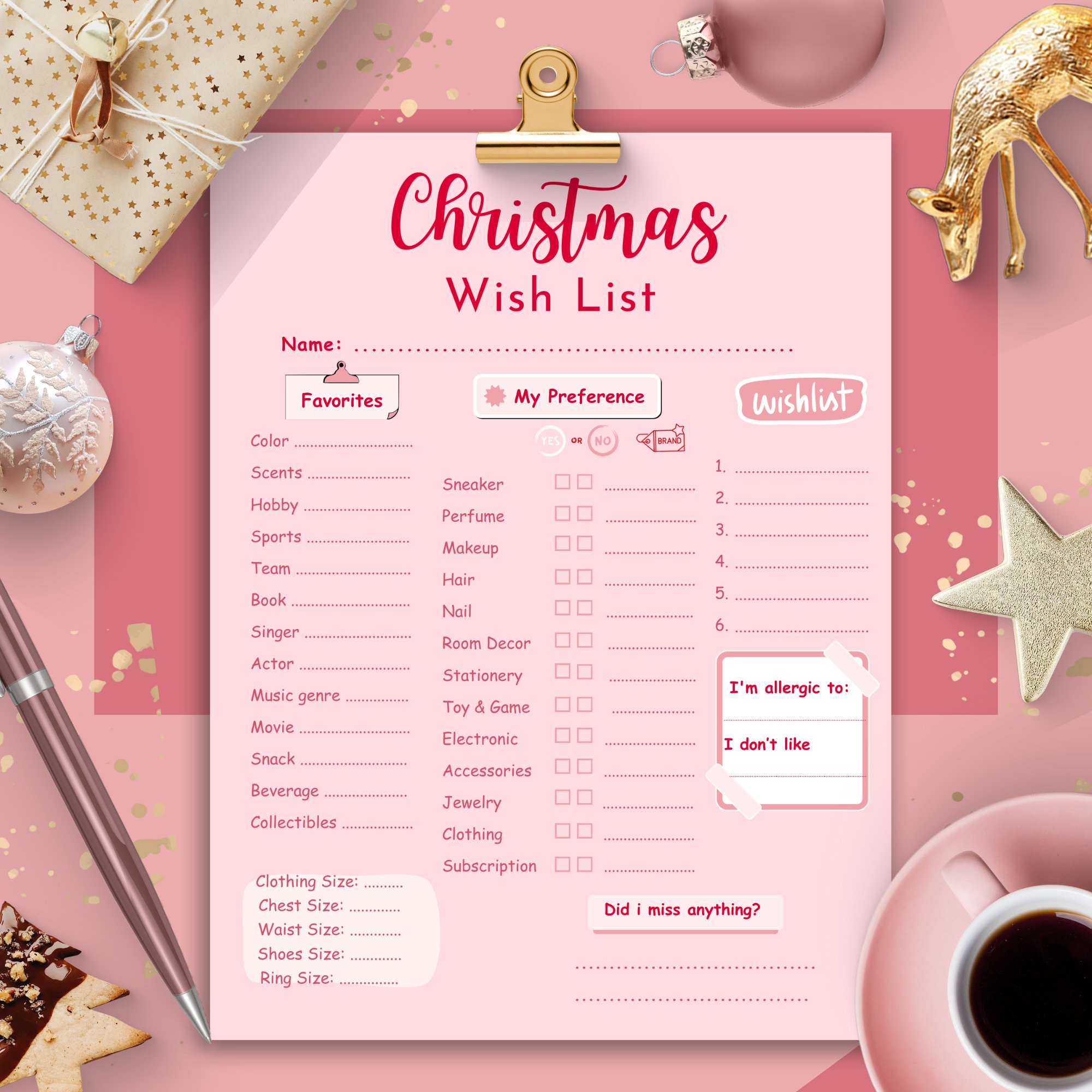 Christmas Wish List Printable, Teen Christmas List Template, Girl Xmas Wishlist, Pink Letter to