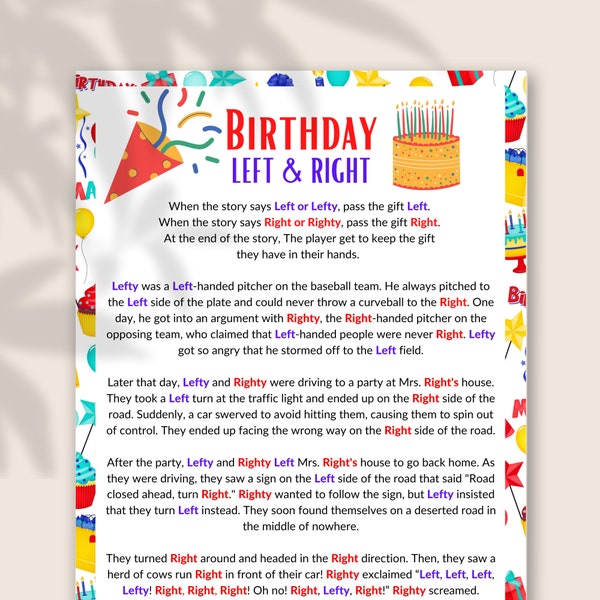 Left Right Game, Left Right Birthday Game, Printable Funny Left Right Story, Pass Gift Game, Pass the Prize, Birthday Games Group Adult Kid