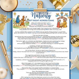 Pode incluir: Um cartão impresso com o título "Nativity LEFT RIGHT ACROSS GAME" em azul e branco. O cartão apresenta ilustrações de Maria e José, anjos e pastores. O texto descreve um jogo baseado na história do Natal.