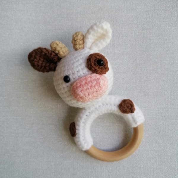 Crochet Wood Animal Baby Rattle | New Baby Handmade Wooden Toy Musical Shaker Cow Teether Rattle by Doreen and Ada