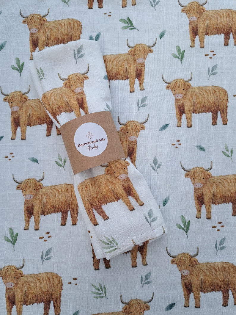 Scottish Highland Cow Baby Burp Cloth Muslin Square or Swaddle by Doreen and Ada New Mum Gift image 1