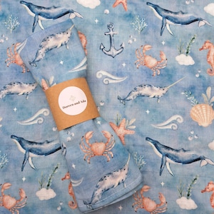 Baby Burp Cloth Seahorse, Crab and Whale Muslin Square by Doreen and Ada | New Mum Gift