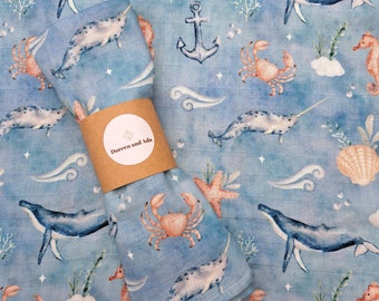 Baby Burp Cloth Seahorse, Crab and Whale Muslin Square by Doreen and Ada | New Mum Gift