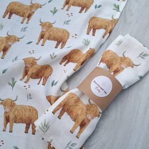 Scottish Highland Cow Baby Burp Cloth Muslin Square or Swaddle by Doreen and Ada New Mum Gift image 5