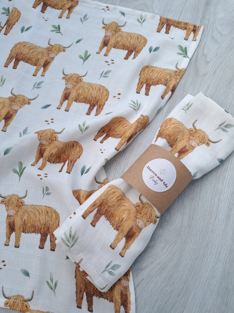 Scottish Highland Cow Baby Burp Cloth Muslin Square or Swaddle by Doreen and Ada New Mum Gift image 5