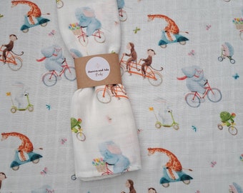 Baby Burp Cloth | Animals on Bikes Muslin Square | by Doreen and Ada