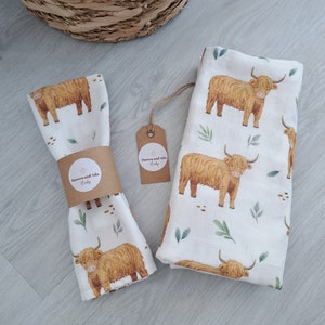 Scottish Highland Cow Baby Burp Cloth Muslin Square or Swaddle by Doreen and Ada New Mum Gift image 3