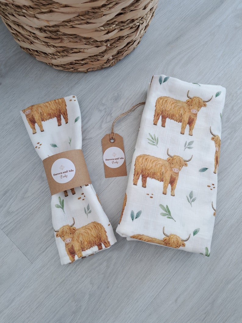 Scottish Highland Cow Baby Burp Cloth Muslin Square or Swaddle by Doreen and Ada New Mum Gift image 3