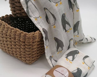 Baby Burp Cloth Penguin Gender Neutral White Muslin Square or Swaddle by Doreen and Ada | New Mum Gift