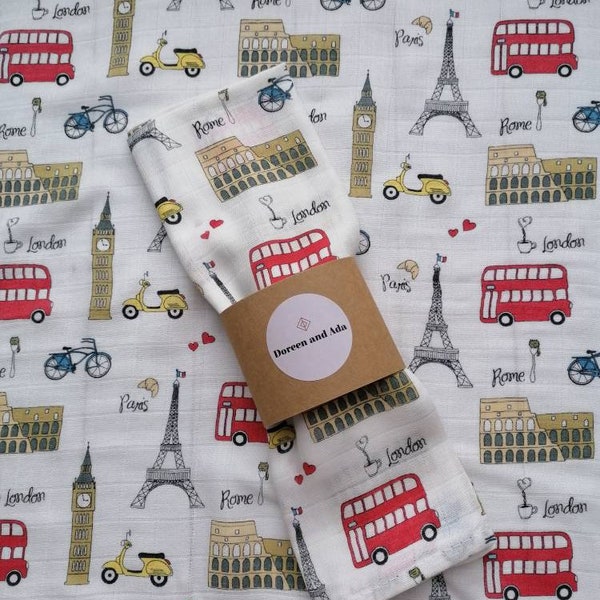 Baby Burp Cloth Rome Paris London Travel Muslin Square by Doreen and Ada | New Mum Gift