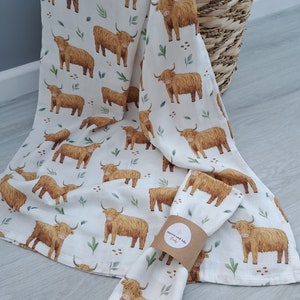 Scottish Highland Cow Baby Burp Cloth Muslin Square or Swaddle by Doreen and Ada New Mum Gift image 2