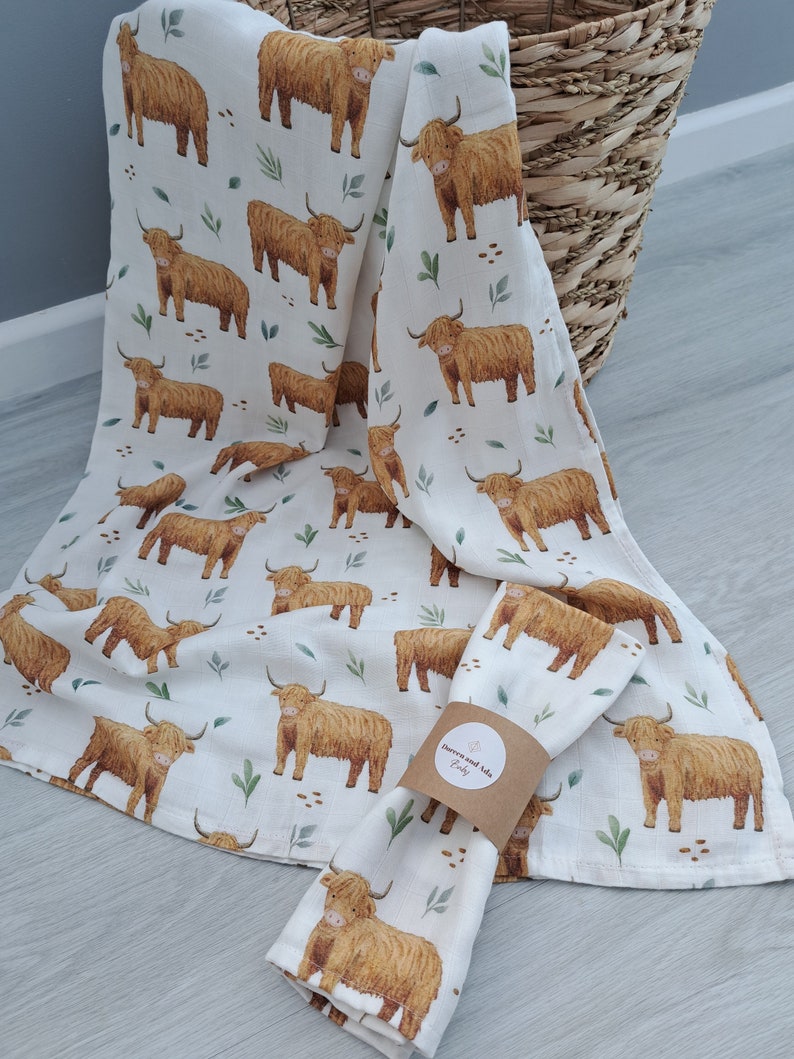 Scottish Highland Cow Baby Burp Cloth Muslin Square or Swaddle by Doreen and Ada New Mum Gift image 2