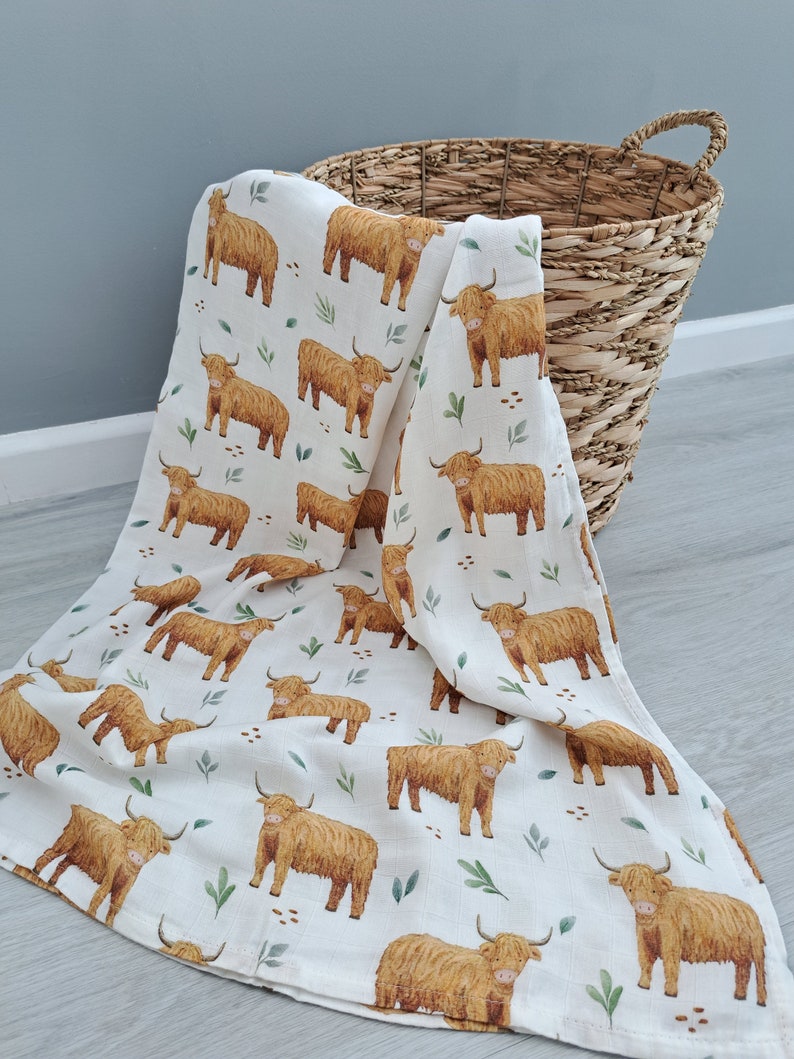 Scottish Highland Cow Baby Burp Cloth Muslin Square or Swaddle by Doreen and Ada New Mum Gift image 4