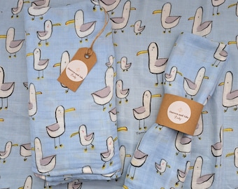 Baby Burp Cloth Seagull Blue Seaside Muslin Square or Swaddle by Doreen and Ada | New Mum Gift