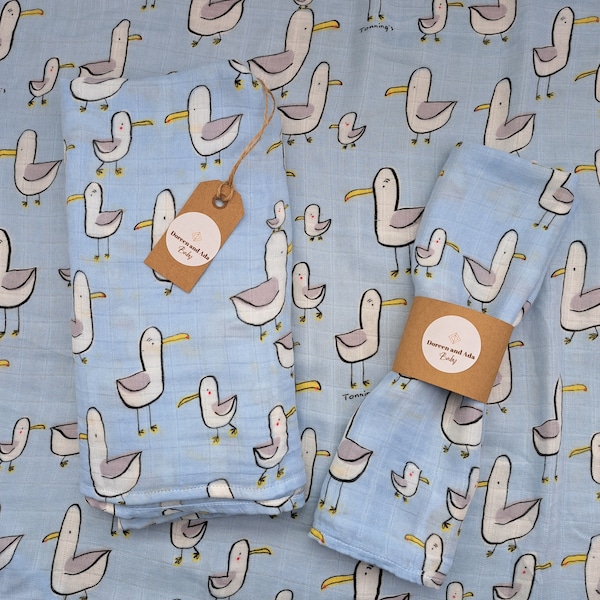 Baby Burp Cloth Seagull Blue Seaside Muslin Square or Swaddle by Doreen and Ada | New Mum Gift