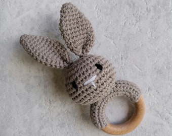 Crochet Wood Animal Baby Rattle | New Baby Handmade Wooden Toy Musical Shaker Grey Knitted Bunny Teether Rattle by Doreen and Ada