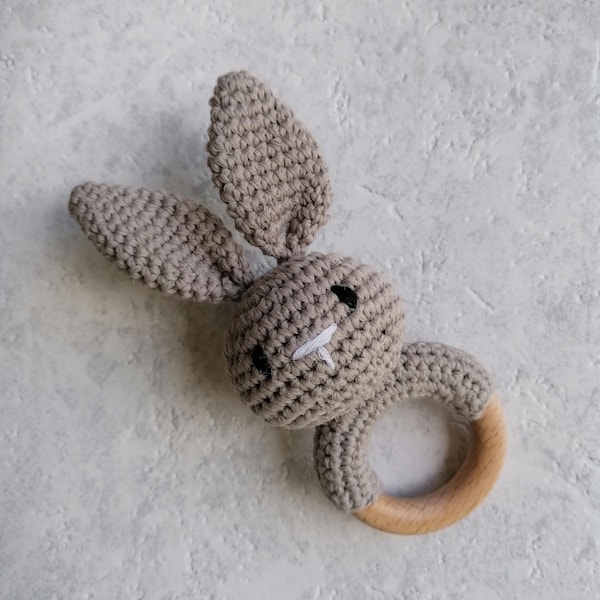Crochet Wood Animal Baby Rattle | New Baby Handmade Wooden Toy Musical Shaker Grey Knitted Bunny Teether Rattle by Doreen and Ada