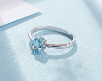 Classic aquamarine ring in silver with white gold plated, alternative engagement ring, birthstone ring, birthday gift