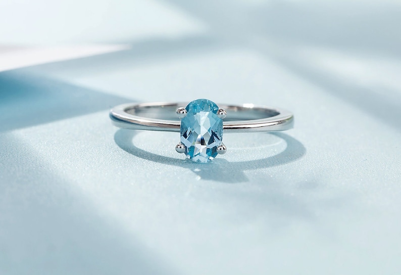 Minimal aquamarine ring in silver with white gold plated, shops alternative engagement ring, birthstone ring, birthday gift