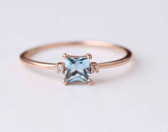 Aquamarine Stone Rose Gold Engagement Ring Princess Ring | Etsy