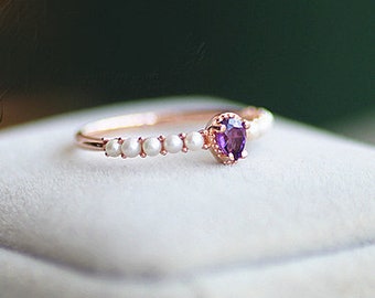 Amethyst ring and pearl ring, Birthstone, Engagement ring, Anniversary Ring