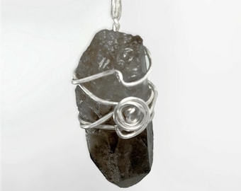 SS Natural SMOKY Quartz Point Wire Wrapped Pendant Necklace, Nickle free, alloy free
