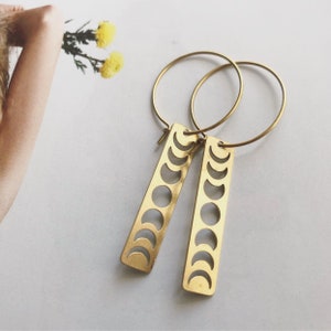 Brass Moon Phase Bar Hoops