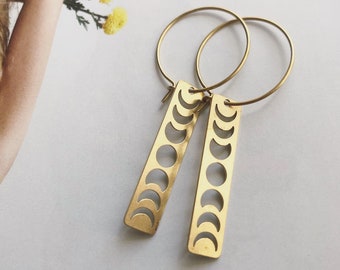 Brass Moon Phase Bar Hoops