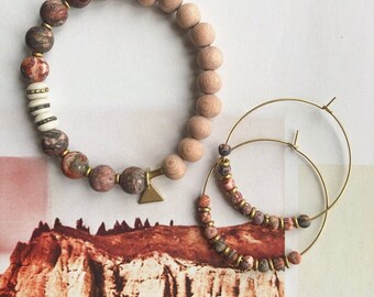 Holiday Set // Beaded Bracelet and Beaded Hoop Earrings // Leopardskin Jasper + Ivory Brass Inlay