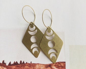 Diamond Moon Phase Earrings // Brass