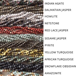 May include: A collection of 11 strands of beads, each made of a different type of gemstone. The beads are arranged in rows, with the names of the gemstones listed to the right of each row. The gemstones include Indian agate, Dalmatian jasper, howlite, netstone, red lace jasper, sesame jasper, pyrite, yellow turquoise, African turquoise, snowflake obsidian, and amazonite.