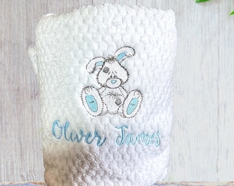 Personalised Bunny Rabbit Design in white  Blanket. Baby gift. Wrap.  new baby