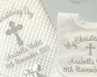 Personalised christening shawl + Cotton Bib  FANCY CROSS Design Blanket. Baby gift. Baptism. Wrap.in WHITE 2 styles fringe or satin trim