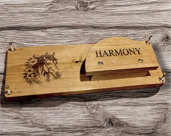 Personalised Horse Stable Sign with Bridle Hanger: Custom Laser Etched Equestrian  40 x 14