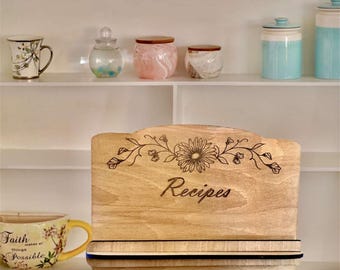 Personalised Wooden Cookbook Stand: Engraved Floral Recipe Holder