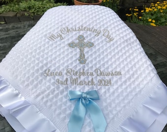 Personalised christening shawl Two Colours silver/blue. Silver/pink spring summer shawl White SATIN TRIM WAFFLE shawls