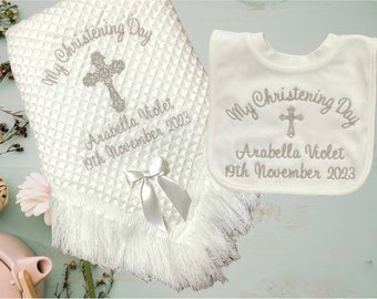 Personalised christening shawl + Cotton Bib  FANCY CROSS Design Blanket. Baby gift. Baptism. Wrap.in WHITE 2 styles fringe or satin trim