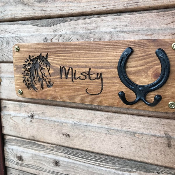 40  x 14 cm Personalised horse stable sign with horseshoe coat , bridal  hanger laser etched equestrian sign large sign 40 x 14cm