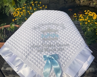 Personalised shawl in White  WAFFLE SATIN TRIM Carousel design With a gift tag new baby christenings baptisms