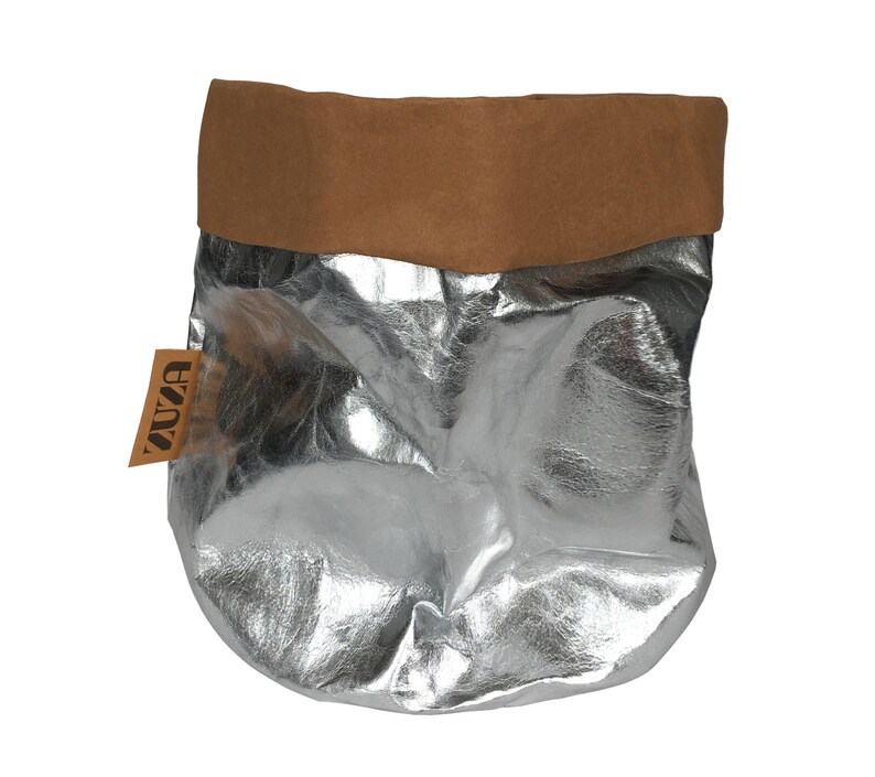 waschbare Papiertasche washable Paper Bag storage bag hamper planters Aufbewahrung Korb pot gold silber rosé Brotkorb Übertopf Bild 5