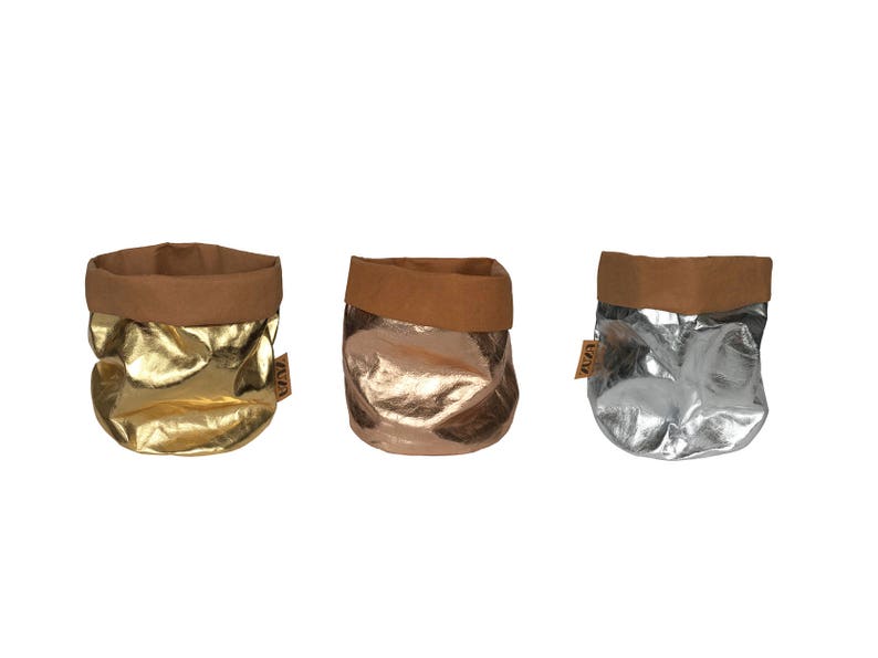 waschbare Papiertasche washable Paper Bag storage bag hamper planters Aufbewahrung Korb pot gold silber rosé Brotkorb Übertopf Bild 2