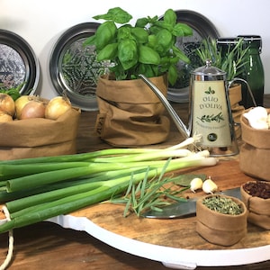 Könnte beinhalten: Ein Holzbrett mit einer Auswahl an frischen Kräutern und Gemüse, darunter Frühlingszwiebeln, Knoblauch und Basilikum. Es gibt auch mehrere braune Papiertüten, die mit verschiedenen Zutaten gefüllt sind, darunter Zwiebeln, Knoblauch und Kräuter. Ein silberner Ölspender mit dem Text "Olio D'Oliva" befindet sich ebenfalls auf dem Brett.