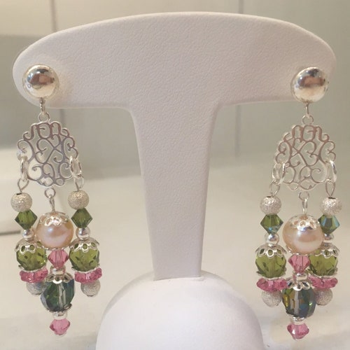 Earrings in 925 silver and Swarovski pink green hotsell beads and crystals