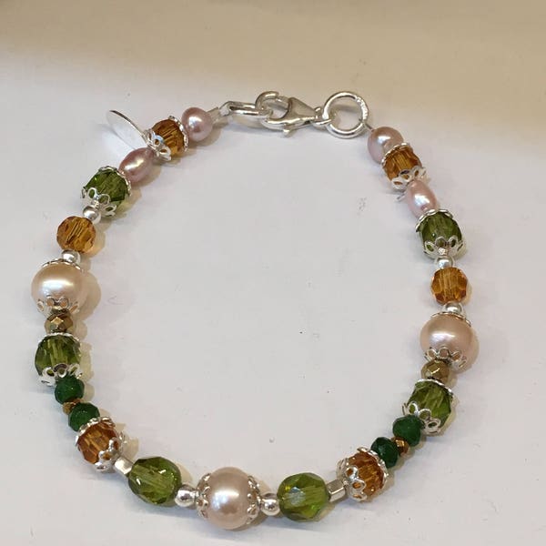 Bracelet en argent 925, perles baroques et cristaux Swarovski vert et ocre